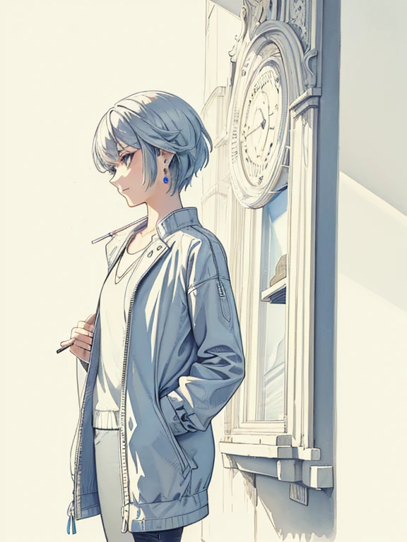 cool, masterpiece, highest quality, High resolution,,Woman standing on the roof, alone,Silver Hair, Small earrings,short hair, outside,Artistic,An illustration,Line art,Aqua Eye,morning,Best lighting,sun,casual, A woman wearing a Sukajan jacket,Flat Chest,Watercolor,Beautiful Face,tall,Woman holding a cigarette
