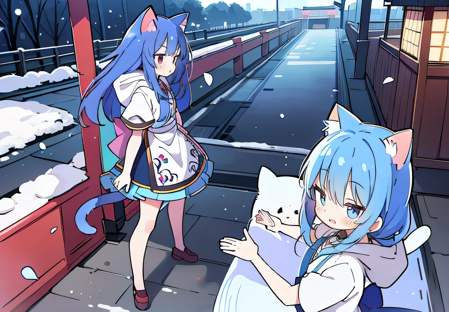 （masterpiece：1.2），Super detailed，lifelike，Expressive eyes，fair skin，perfect face shape，1 girl，
Japanese comics,Gorgeous blue hair,flowing blue hair,flowing clothes,Cat ears,Petals fall,beautiful lola,Baby Angel,
Cross your legs，Gentle and peaceful background，The pavilion is cool and comfortable,smile, wearing hoodie, background of tokyo,back views,snowing, winter.