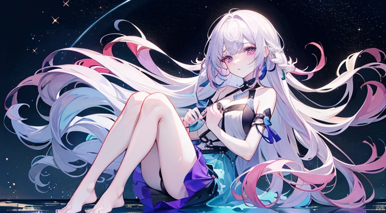 Lilac gradient hair,Asymmetrical hair,((Very voluminous hair 1.8,Clear head outline 1.5)), Shoulder-length hair, Messy hair, Very long hair, Shiny hair,(Long hair:1.2),A beautiful girl,Gorgeous purple mini skirt,tall,slim,(看起来很sad,pale,sad,shut up:1.2) Against the backdrop of the bright dark starry sky,Side-lying,barefoot,float,water surface,dignified,Long Law,Long Law,fully,Normal legs,Whole body love