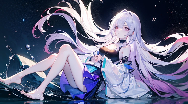 Lilac gradient hair,Asymmetrical hair,（（Very voluminous hair 1.8，Clear head outline 1.5））， Shoulder-length hair, Messy hair, Very long hair, Shiny hair，(Long hair:1.2),A beautiful girl，Gorgeous purple mini skirt，tall，slim，(看起来很sad，pale，sad，shut up：1.2） Against the backdrop of the bright dark starry sky，Side-lying，barefoot，float，water surface，dignified，Long Law，Long Law，fully，Normal legs，Whole body love