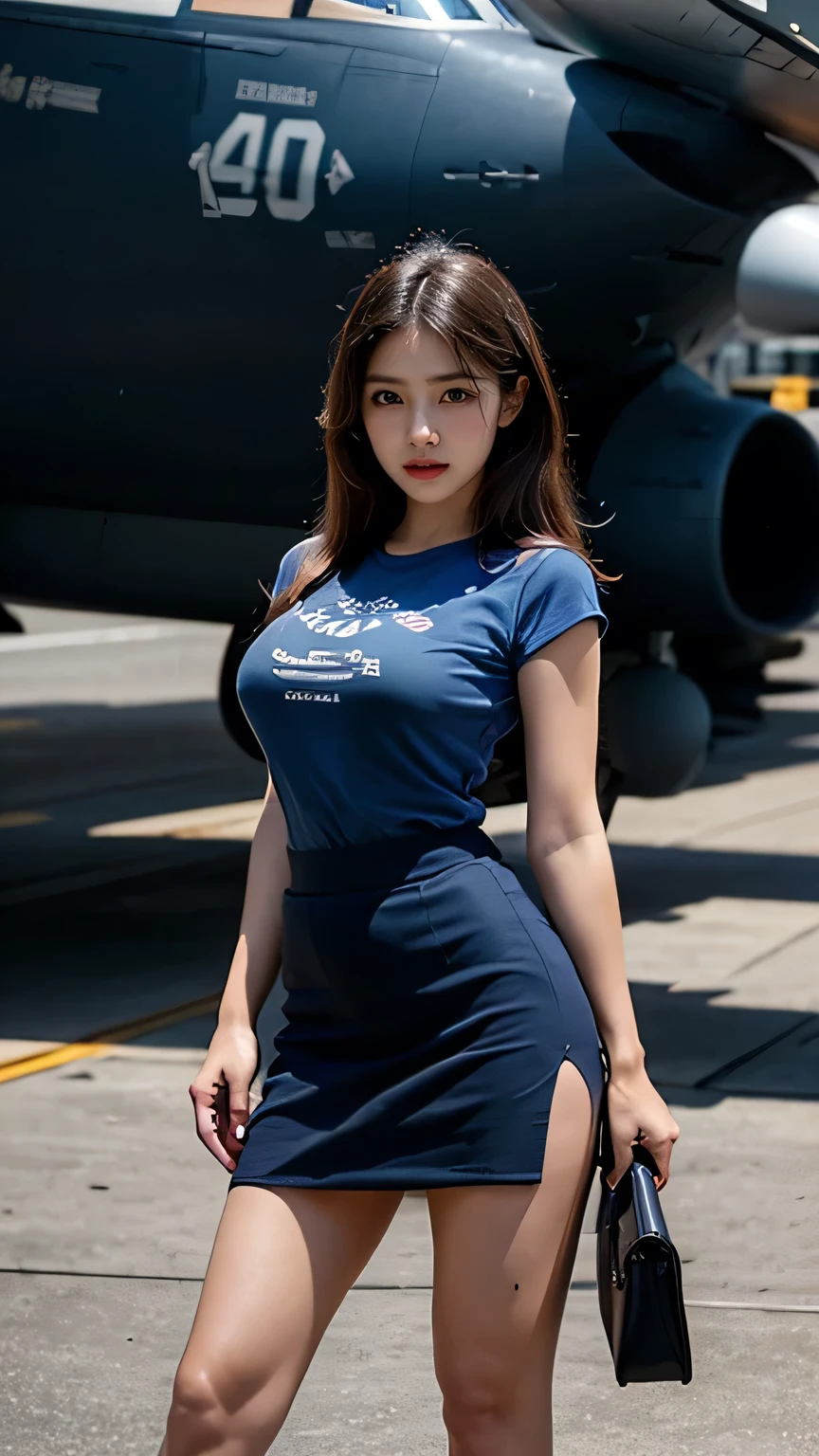8k, highest quality, ultra detailed:1.37), Ray Tracing , Unity 8k wallpaper, ((18 years)), a beautiful Asian girl, bigger breast. ((proudly stands in a Aircraft Carrier Deck)), representing her as a Navy Pilot, ((She wears a fitted Luxury pink T-shirt)), ((Luxury Royal blue micro skirt with long slit, high heels)), full body, sexy long legs. The high-resolution image captures ultra-detailed realism, highlighting Eliana's determined expression, piercing eyes, and confident stance. The backdrop showcase Aircraft carriers, adding to the authenticity and significance of the image. This visually striking representation showcases Eliana's strength and dedication as a Navy pilot, Big ship, ((Blue sea)), (((Aircraft Carrier Deck))), Fighter Jets, Army Helicopter, Chinook Helicopter, ((Detailed face)), ((Perfect body figure)), ((Detailed hair)), ((Detailed Dress)), ((Detailed background)), ((detailed skin)), ((detailed Fighter Jets)), cute knees, Aircraft carriers, Stylish looks, Perfect Young breasts under dress, realistic Skin, Perfect Angles, Ultra Realistic, Ultra HD image Clarity, fighter Jet Helmet in Hands, Eyes are very hot looks, Slightly open mouth,