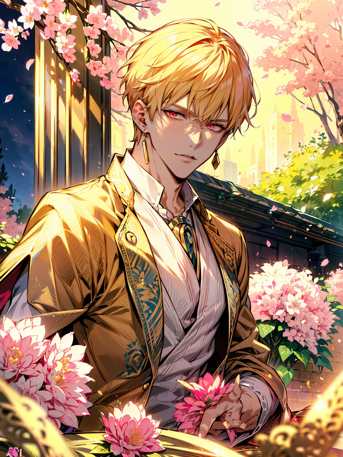 (absurdres, highres, ultra detailed, HDR), masterpiece, best quality, (Caster) Gilgamesh, 1man, solo, handsome, short hair, blonde hair, vibrant red eyes, finely eye and detailed face, arabian clothes, garden, pink butterflies, pink petals, pink flowers, fate grand order  