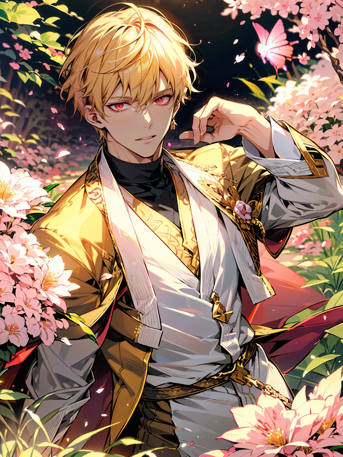 (absurdres, highres, ultra detailed, HDR), masterpiece, best quality, (Caster) Gilgamesh, 1man, solo, handsome, short hair, blonde hair, vibrant red eyes, finely eye and detailed face, arabian clothes, garden, pink butterflies, pink petals, pink flowers, fate grand order  