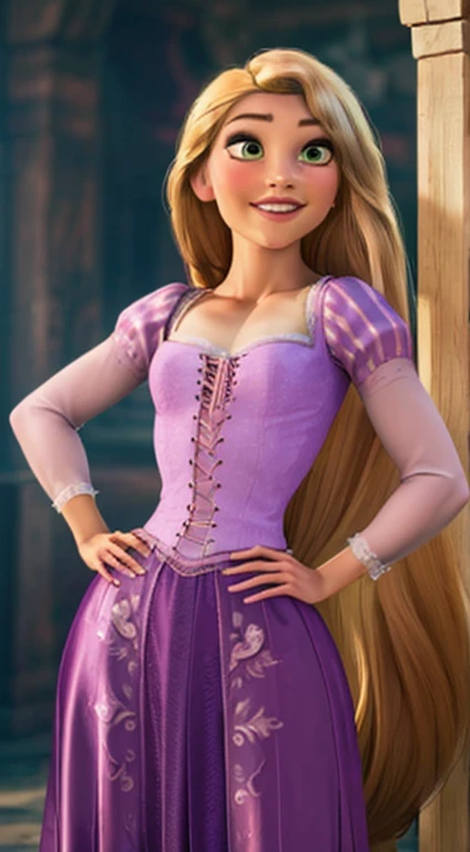 (masterpiece:1.2), (best quality), (ultra detailed), (8k, 4k, intricate),(half body:1.2),(cowboy:1.2),(highly detailed:1.2),(detailed face:1.2), (detailed background),(portrait),detailed landscape,(dynamic pose:1.2),rapunzel  1girl, solo, long hair, looking at viewer, smile, blonde hair, long sleeves, dress, very long hair, green eyes, puffy sleeves, hand on hip, juliet sleeves, , skinny body, tiny  