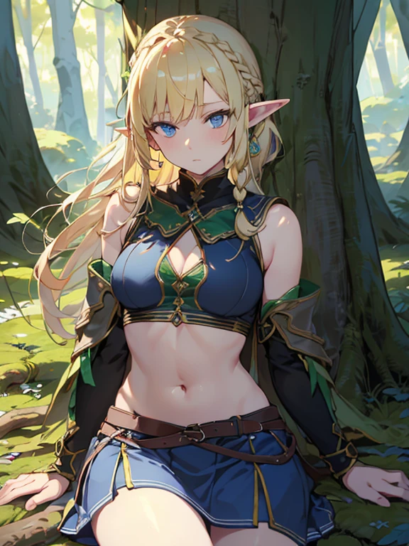 masterpiece, highest quality, Very detailed, 16k, Ultra-high resolution、1 middle-aged elf girl, Detailed face、Perfect Fingers, Elf Ears, Small breasts, blue eyes, Blonde, Braid, Sleeveless, Belly button, Tight Skirt, Light clothing, in the forest, Sitting on the branch of a big tree