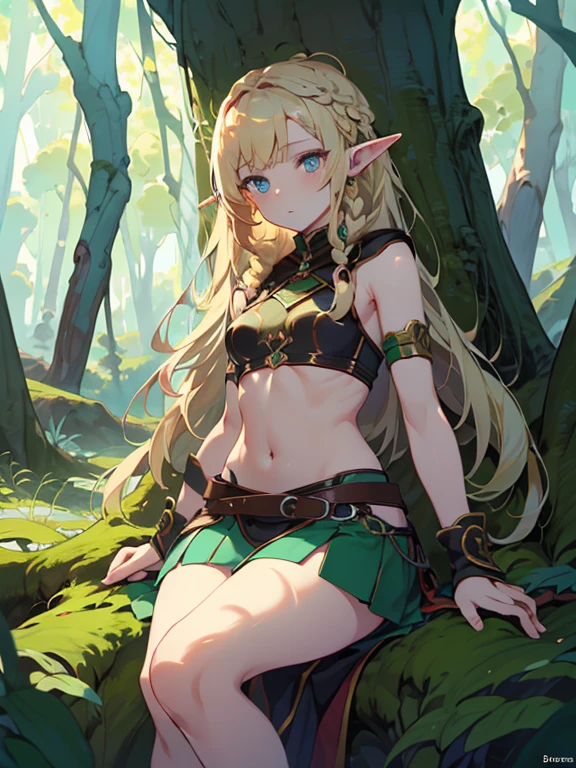 masterpiece, highest quality, Very detailed, 16k, Ultra-high resolution、1 middle-aged elf girl, Detailed face、Perfect Fingers, Elf Ears, Small breasts, blue eyes, Blonde, Braid, Sleeveless, Belly button, Tight Skirt, Light clothing, in the forest, Sitting on the branch of a big tree