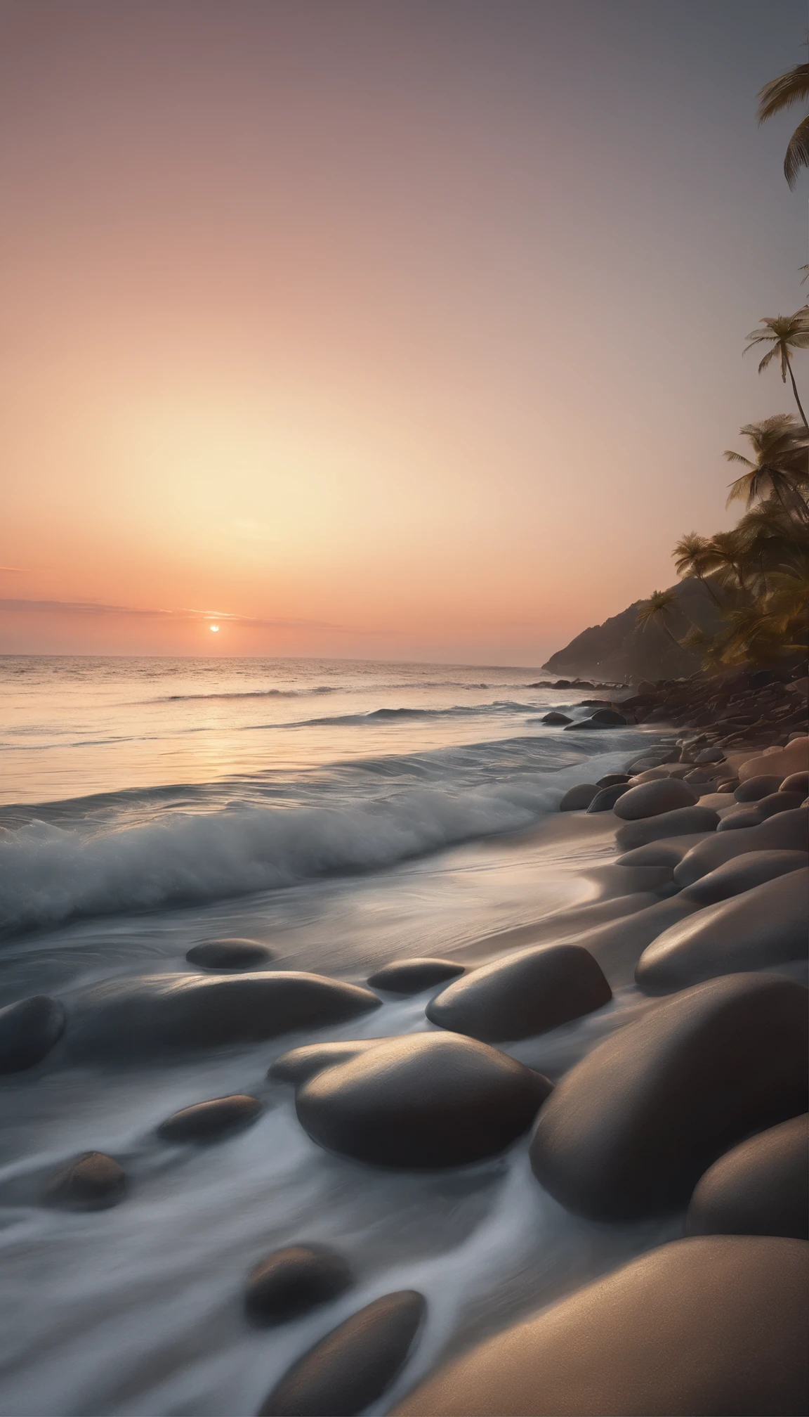 A masterpiece of ultra-detailed seascape illustrations、Top quality rendition with meticulous attention to the texture and color of every wave、It captures the essence of tranquil seaside serenity.。There was no sign of anyone、The only sounds you can hear are the soothing sounds of the waves lapping on the shore and the calming rhythm of the tides.。The sun begins to set、Dye the sky in shades of orange and pink、Cast a long shadow on the beach。A silent breeze gently rocks a distant yacht、Leaves ripples on the calm water。The sunset reflected on the water's surface creates a beautiful mirror-like effect.。Every drop on the ocean's surface sparks