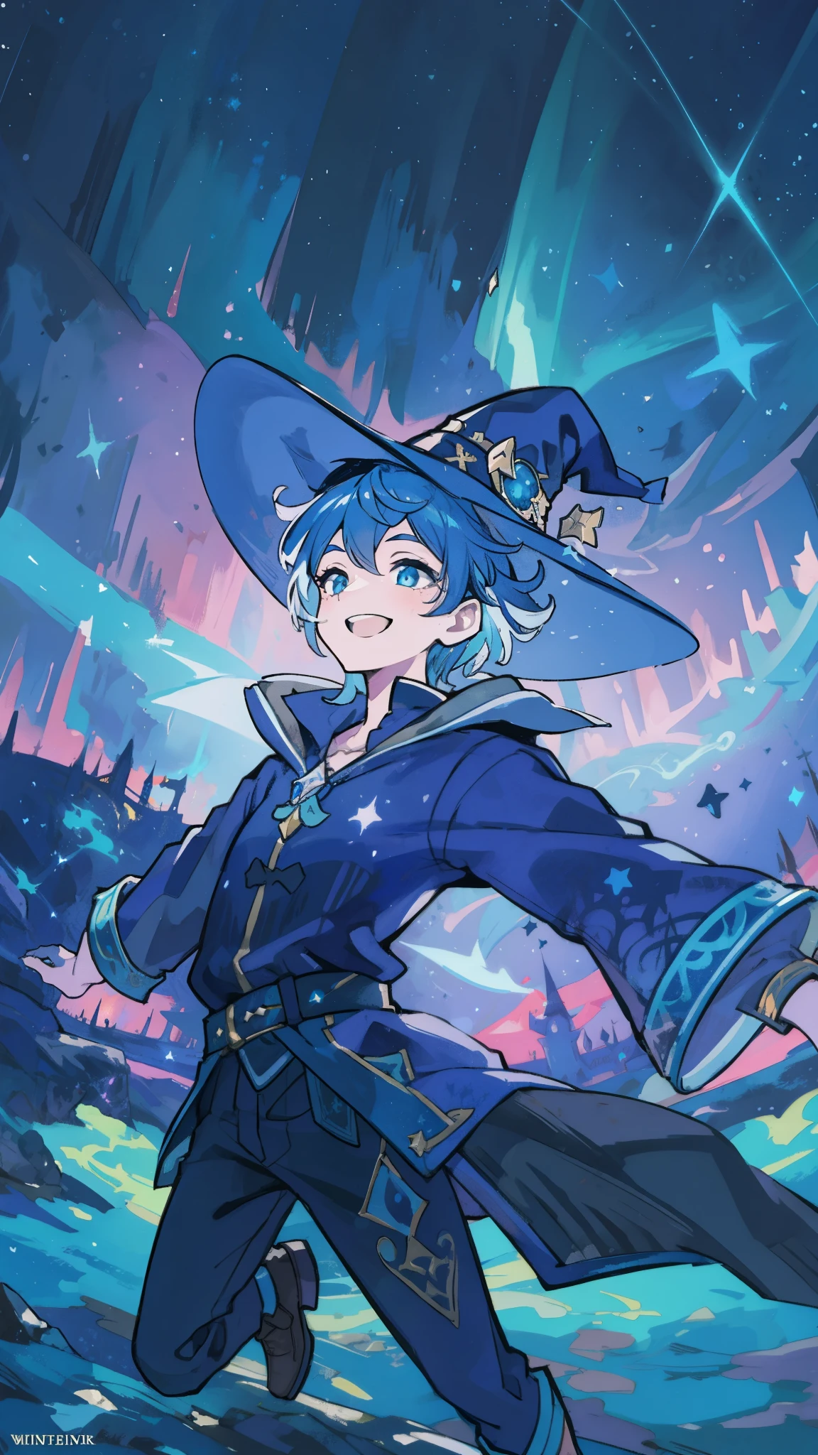 action pose, An enchanting illustration capturing a figure with vibrant blue hair wearing a witch's attire, witch hat, smiling gleefully beneath the dancing auroras in the night sky, surrounded by a myriad of twinkling stars. Whimsical, magical, joyous, celestial lighting, fantasy world, dark background, clean design, epic, artstation, colorful paint splatter, silhouette, hyper detailed intricate details, unreal engine, fantasy, splash screen, complementary colors, deviantart masterpiece, oil painting, heavy strokes, paint dripping, indifferent expression