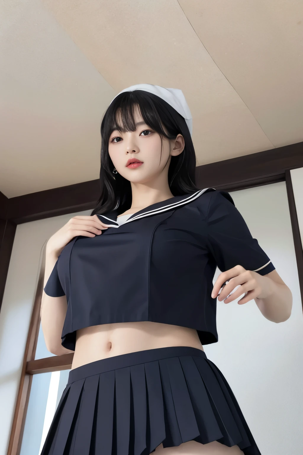 Masterpiece、highest quality、Woman uper detailed、View from directly below Black Hair Face seen from below Japanese 、Sailor suit、Pleated skirt Muscular belly、Large Breder boob、Under、Chest seen from below Sailor suitを真下から覗く ceiling
