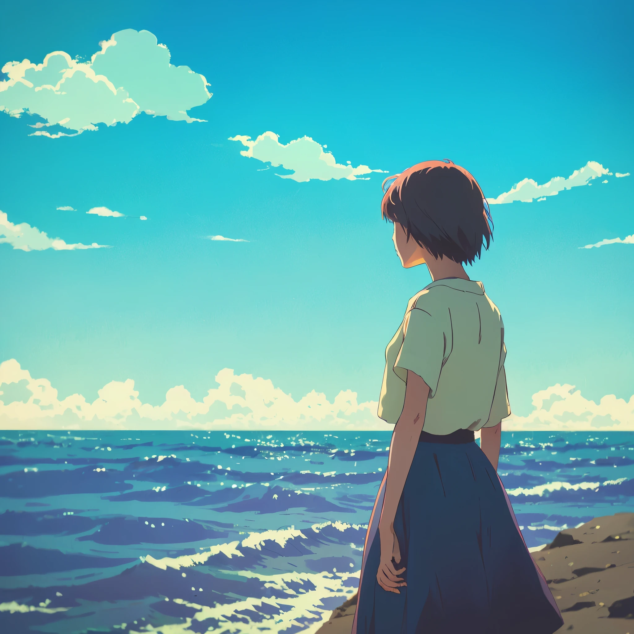 Back view of a short-haired girl looking at the sky、Anime Style、Lo-Fi、Ghibli style、The background is a refreshing seaside、Japanese animation style, Incredible anime movie scenes、Emotional Anime、