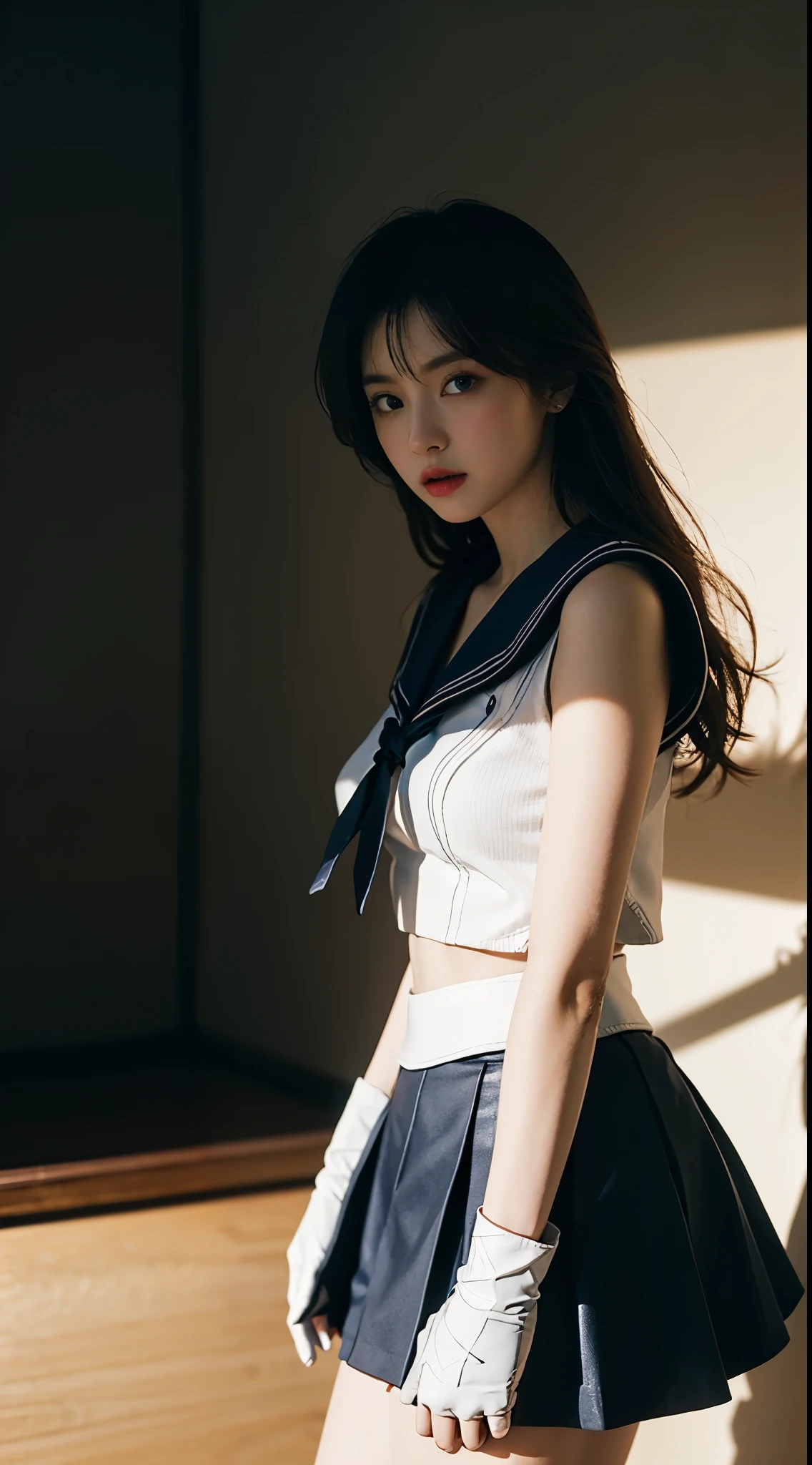 (CG Unity 8K wallpaper with extreme detail, masterpiece, highest quality), (exquisite lighting and shadow, highly dramatic picture, cinematic lens effect), (Sailor Moon: 1.1), double tail, blue eyes, white gloves, mini skirt, dynamic pose), (excellent detail, excellent lighting, wide angle), (excellent rendering and excellent rendering),