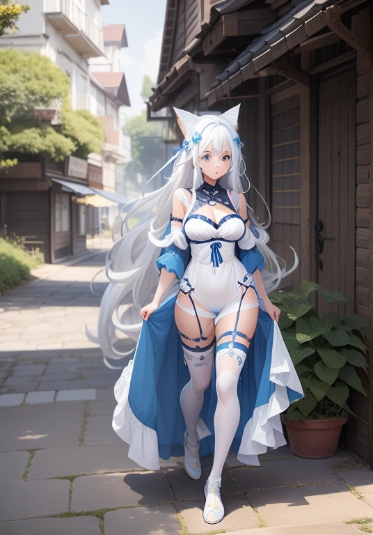 1 girl, long silver hair, fox ears, only fox ears, blue eyes, blushing, (face perfect:1.1), (high detal:1.1), top-quality, huge breasts, sexy and seductive, tall women, thicc thighs, wide hips, seductive smile, seductive look, kimono, absurdes, high res, ultra sharp, 8k, masterpiece, looking at viewer