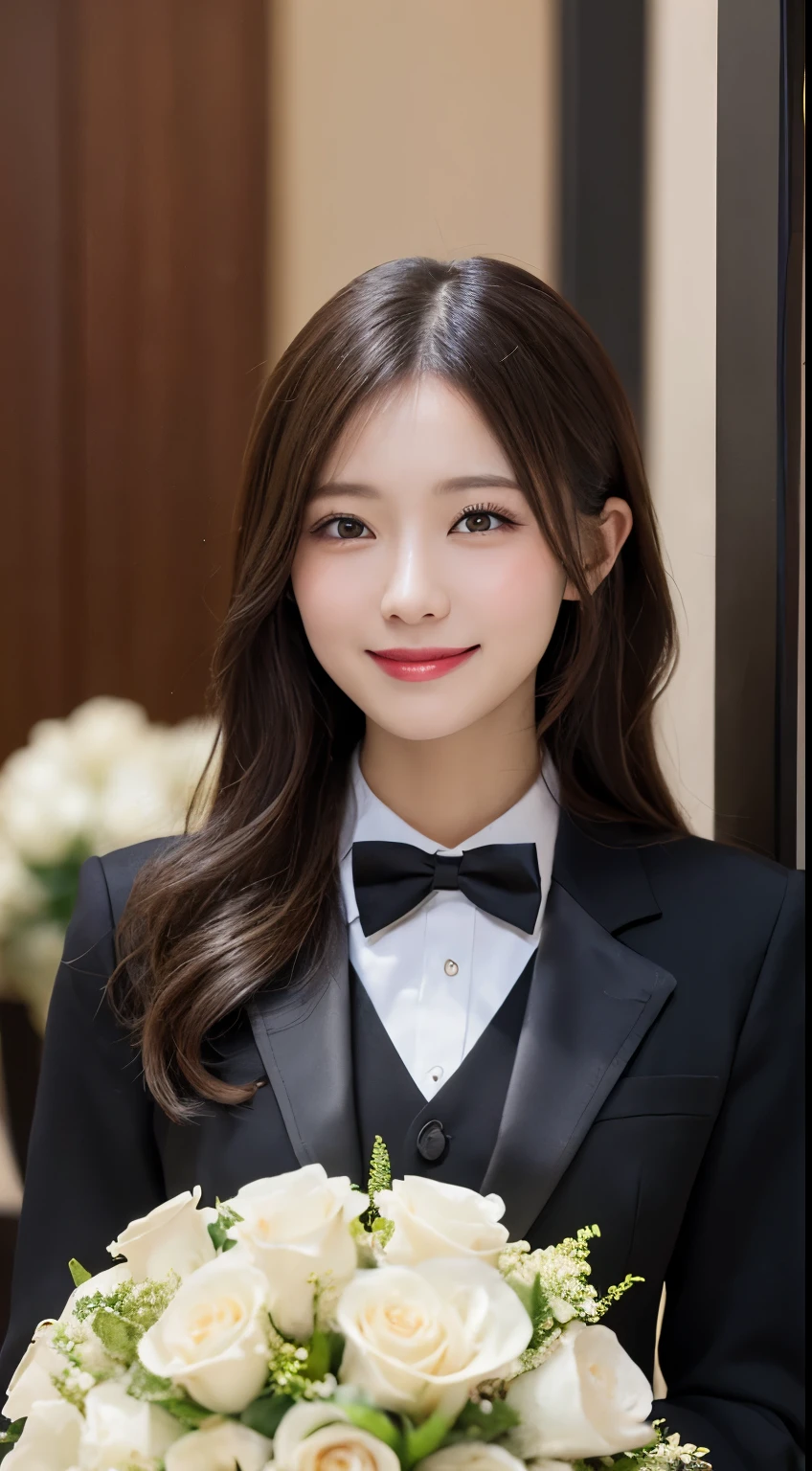 Tabletop, highest quality, shape, Very detailed, In detail, High resolution, 8k wallpaper, Perfect dynamic composition, Beautiful details, Black Tuxedo,Medium Hair, Center of chest, Natural color lip, Random sexy poses,smile,Chapel，Bouquet of white roses，