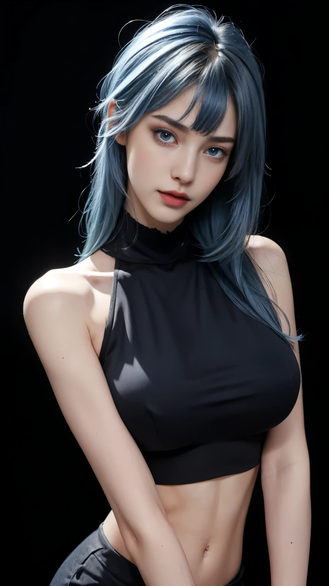 8K, Top Quality, Intricate Details, Ultra Detail, Ultra High Resolution, Masterpiece, close up shot, (full body: 1.1), Slender, Smile, (Makeup: 0.4), (Fluffy Eyes: 1.21), (()), 1girl, solo, 1 girl, ((blue hair, blue eyes, bangs, , long hair, hair ornament)), close up shot, , ((tall)), (((fit body))), (((slim face))), sharp face, (( crop top, hot pants,)) (detailed face), sharp face, small lips, , , ,
((, )), , ((,)), detailed face, detailed breast, , ((large breast, huge breast)), detail ass, Narrow Waist, Skinny, tall , 175 cm tall, Muscular, Navel, Exposed Abdomen, Pointed Chest,, Beautiful girl with accentuated slender abs: 1.4, Six Pack Abs: 1.4, Bust Botox, Big, Perfect Body, detail leg, (( dark background)), black background,