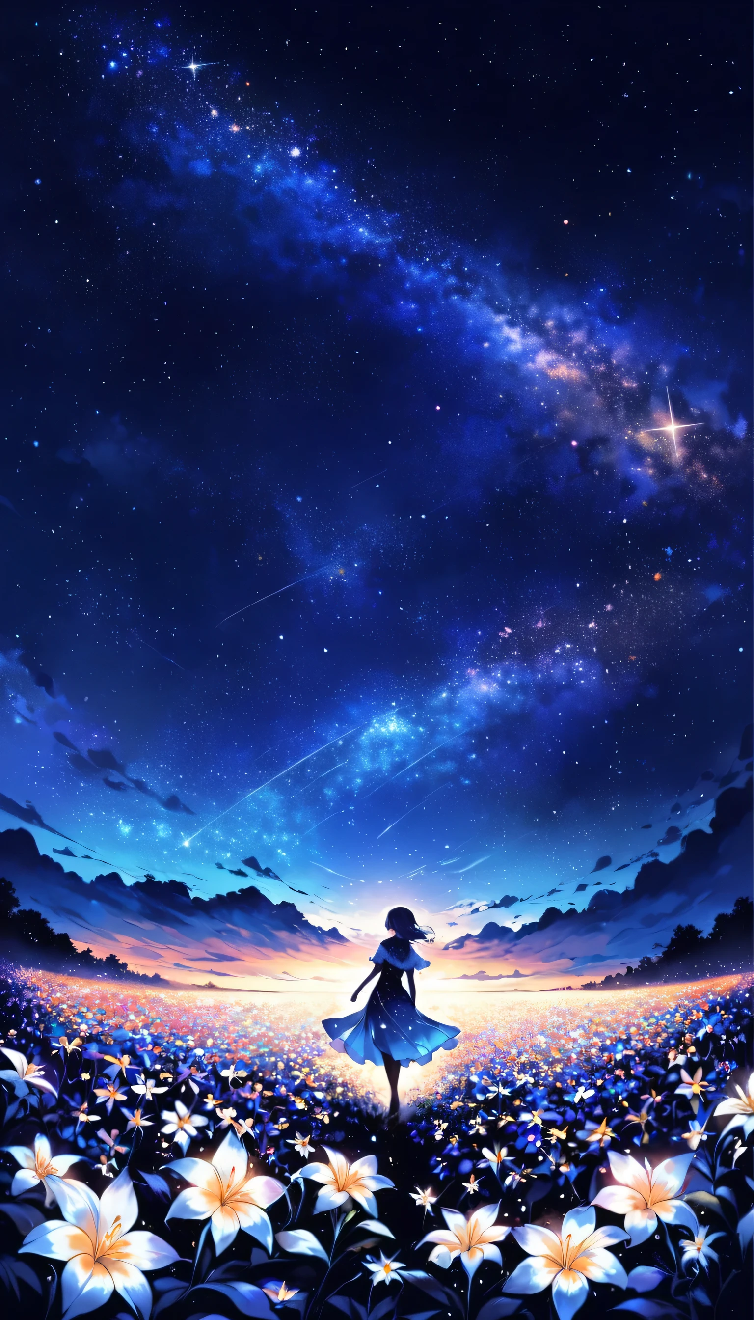 There is a girl Standing in a flower field looking up at the sky, a girl Standing in a flower field, Girl walking in a flower field, I was lost in a dream-like wonderland, Standing in a flower field, Amazing digital painting, The sky gradually cleared, The starry sky is gradually々moving away from  