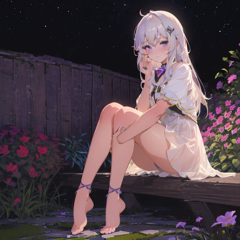 (best quality,4K,8k,high resolution,masterpiece:1.2),Ultra Detailed,(actual,photoactual,photo-actual:1.37),illustration,Soft Light,White hair girl,Deep purple eyes,Glowing eyes,sit down,barefoot,blush,Garden at night,Flowers.