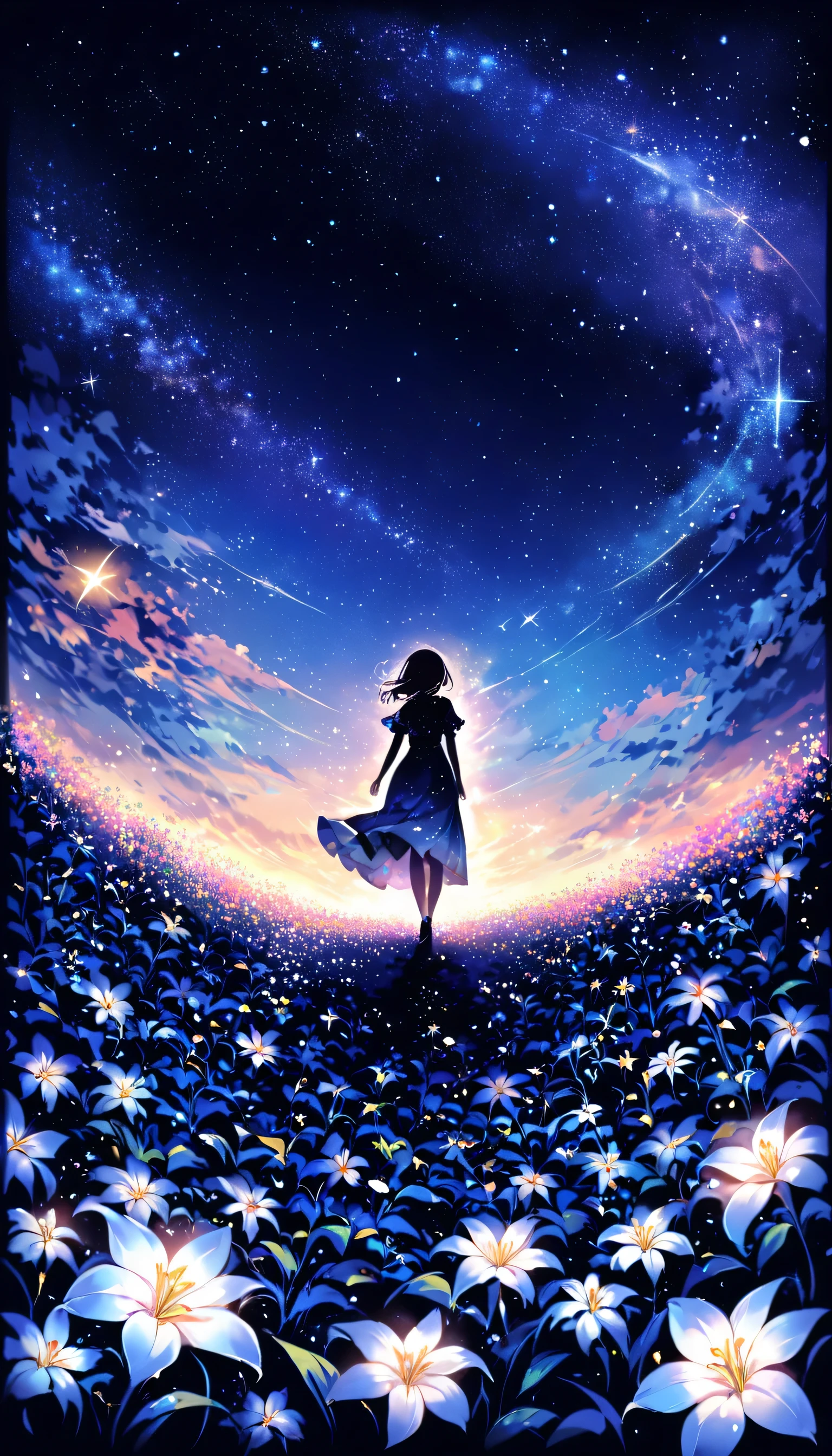 A girl standing in a field of flowers under a starr sky - SeaArt AI