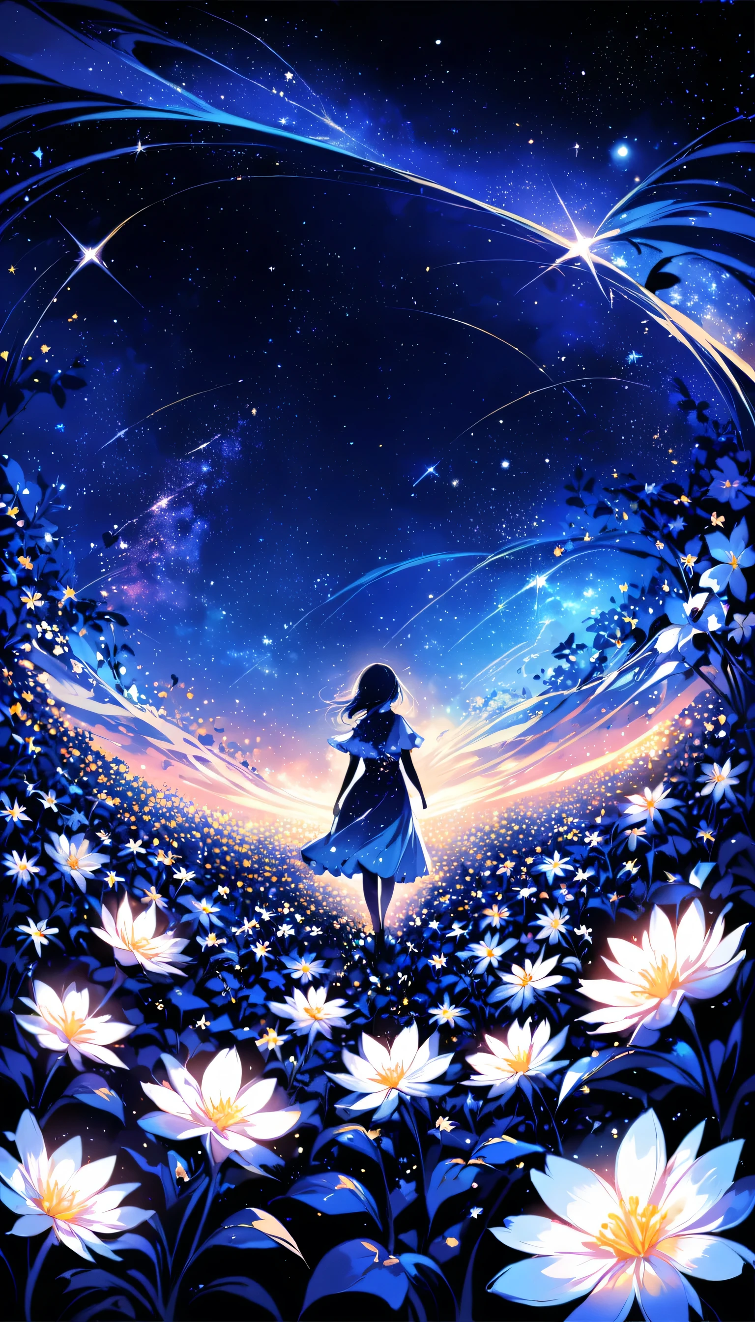 There is a girl Standing in a flower field looking up at the sky, a girl Standing in a flower field, Girl walking in a flower field, I was lost in a dream-like wonderland, Standing in a flower field, Amazing digital painting, The sky gradually cleared, The starry sky is gradually々moving away from