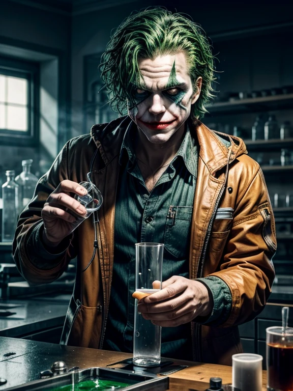 The Joker with wild, green hair, a menacing smile, and a pair of protective goggles, serious and determined face expression, wearing a white laboratory coat, trying to mix two fluids in a crystal clear reaction tube glass, one in his right hand is a bright orange viscous fluid, and one in his left hand is a blue liquid, in a neat, tidy, and well-organized chemical laboratory, with a bubbling flask and smoke rising from it, with insane detail, high resolution, high definition, 8k, ultra sharp and crisp, realistic style, Don Lawrence style, octane render, cinematic