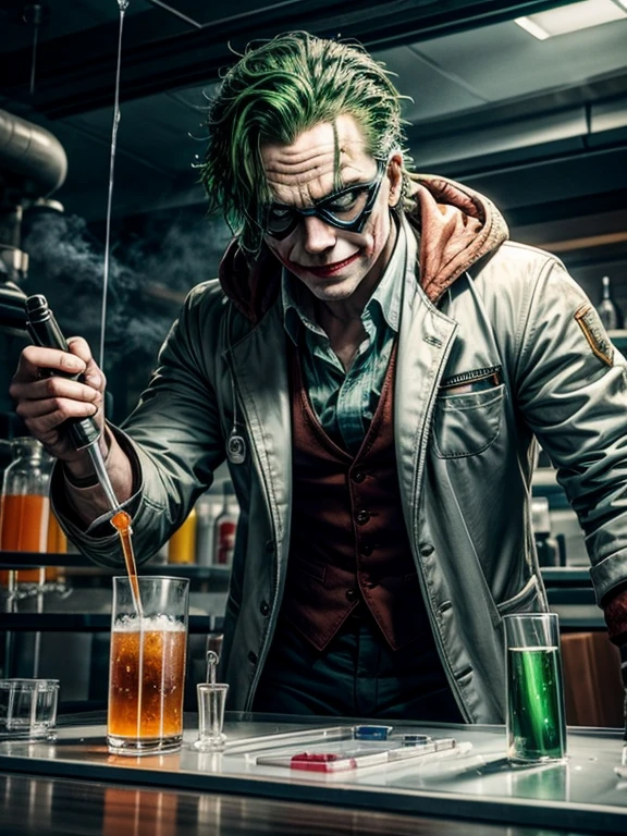 The Joker with wild, green hair, a menacing smile, and a pair of protective goggles, serious and determined face expression, wearing a white laboratory coat, trying to mix two fluids in a crystal clear reaction tube glass, one in his right hand is a bright orange viscous fluid, and one in his left hand is a blue liquid, in a neat, tidy, and well-organized chemical laboratory, with a bubbling flask and smoke rising from it, with insane detail, high resolution, high definition, 8k, ultra sharp and crisp, realistic style, Don Lawrence style, octane render, cinematic