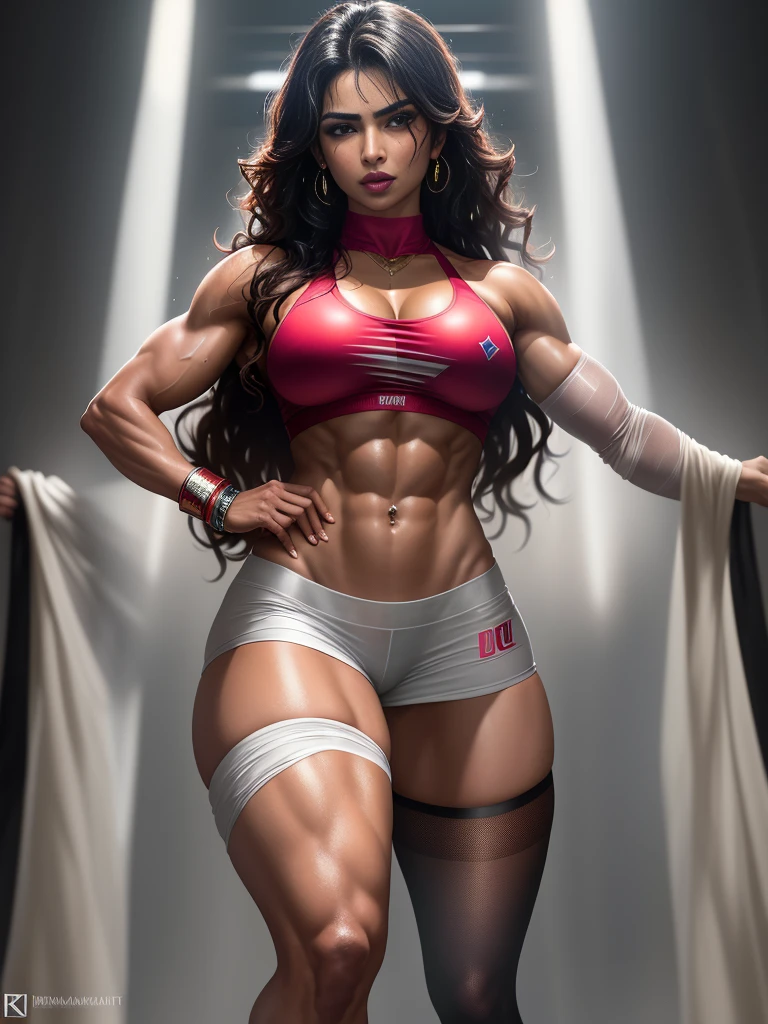 Priyanka chopra, lust look, six pack abs, boxing, fighting, boxing gloves, shouting, full body picture, shredded muscular body, thin body , indian women, fighting gym background, indian dress, realistic look, gorgeous woman with wavy hair detailed alluring eyes muscular thighs long sexy legs wearing leggings and tight shirt and knee high socks,mist, wet, raining, best quality masterpiece, photorealistic, detailed, 8k, HDR, shallow depth of field, broad light, backlighting, bloom, light sparkles, chromatic aberration, sharp focus, RAW color photo