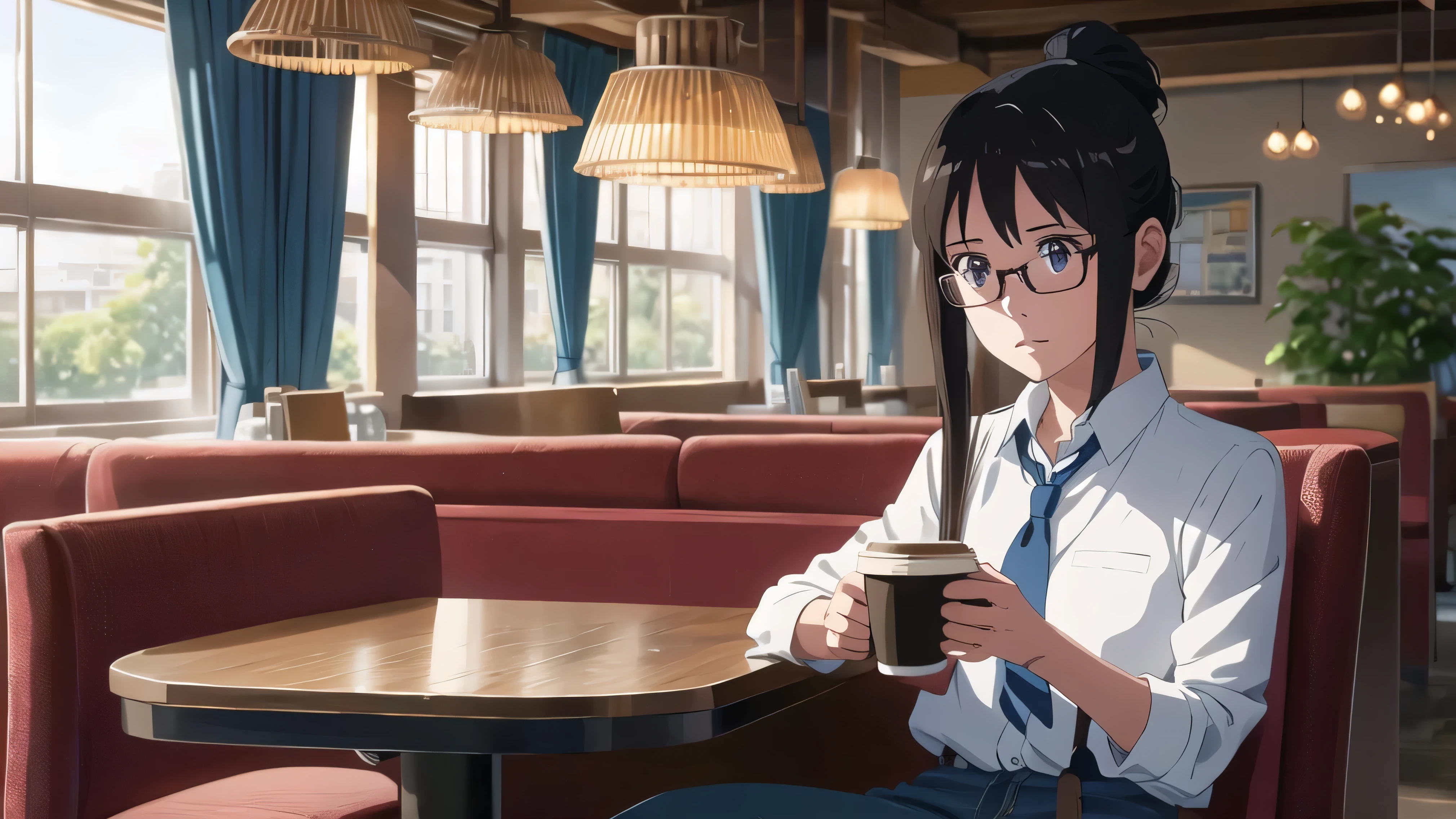 Ghibli, anime,Cafe, A 20-year-old girl with glasses and a gentle face sitting on a denim chair wearing a tie and drinking coffee alone, ponytail hairstyle, high resolution,,