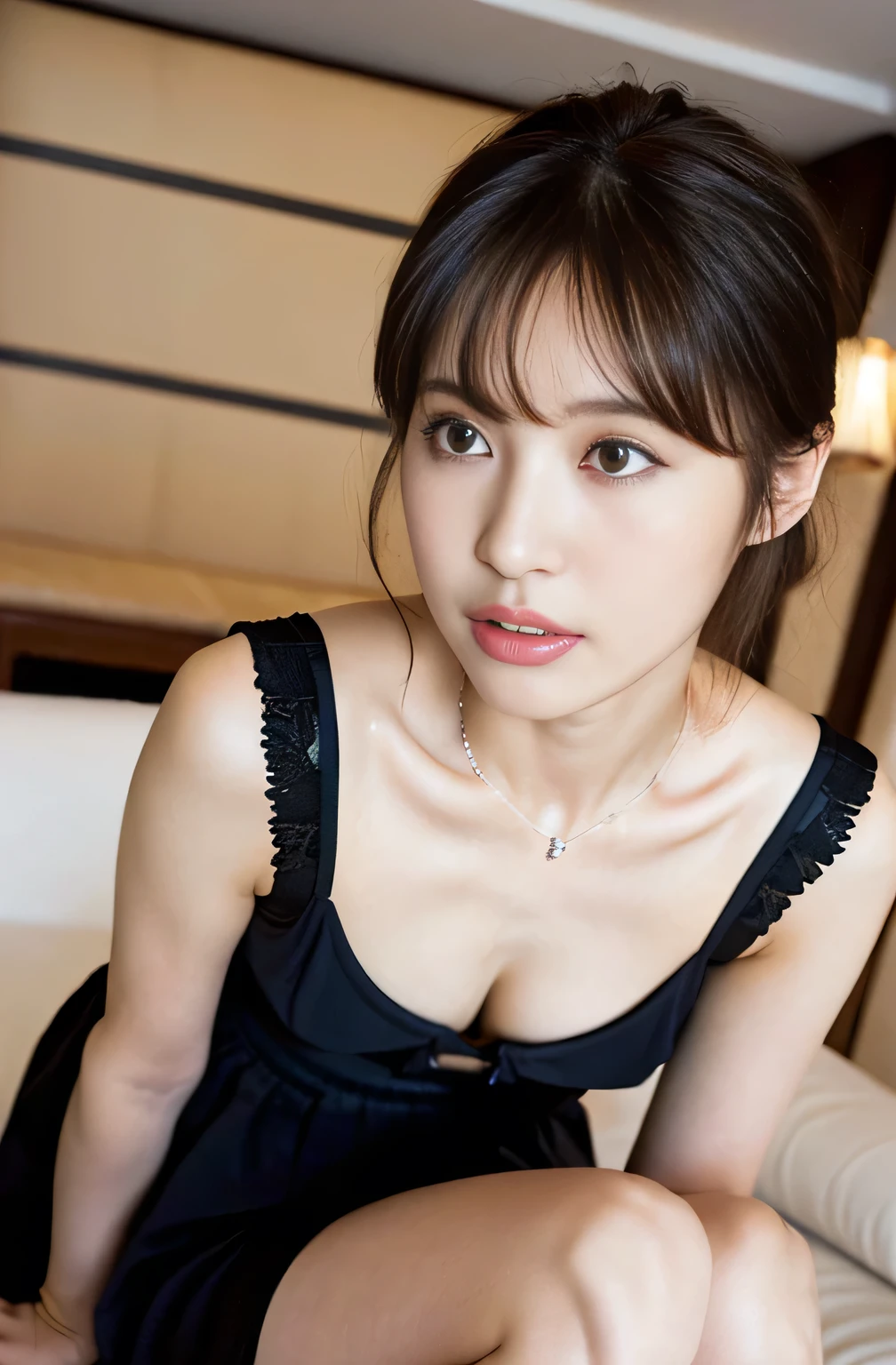 (Short cheongsam, Complex colors:1.4),

((Please hold me:1.2)),
((I want to kiss you？, I want you to give me a blowjob？, I want to see my nipples？, I want to touch my crotch？, I want to touch your dick？, What do you want me to do?？, I want to cheat with you？, Have sex with me？:1.2)),

((Sexy atmosphere, hold out your lips, A sigh escapes, Disheveled Hair)),

((Luxury Resort Hotel, Sit with your legs apart on the living room floor, Start taking off your underwear, I can see your beautiful thighs, Sweating all over, Nipples are erect, Facing directly ahead:1.5)),

((highest quality, 8k, masterpiece: 1.3)), Perfect body beauty: 1.4, (Breast A cup:1.2), Small breasts, Round shaped breasts, Perfectly shaped breasts, Highly detailed face, Beautiful woman, (Dark brown shortcuts), Slim face, Highly detailed face and skin texture, Highly detailed lips, (Realistic:1.4),

((32 years old, 2 people, A sexy, beautiful female announcer:1.5)),
((Earrings that match your outfit, Silver Necklace:1.2)), 

((Dark room, lamp:1.2)),
((Look up a little)),  
((Squint your eyes)), 
((purse your lips:1.2)),
((Blushing:1.2)),
((Fluffy cleavage, Small breasts,Flat Chest:1.2)),

Narrow shoulders, Long, slender legs, Thin waist, 
Ultra-detailed skin, Glossy Skin, Ultra detailed face, Ultra detailed breasts, 
Ultra-detailed eyes, Slit eyes, Brown eyes, double eyelid, Beautiful thin eyebrows, Thin, long eyelashes, 
Ultra-detailed lips, Fuller lips, Glossy pink lips, Flushed Cheeks, White teeth, 
Beautiful actress&#39;s languid make-up, Pink lipstick, Smoky eyeshadow, Eye foundation, 
Dark Brown Hair, Delicate and soft hair, Hair blowing in the wind, 
(Elegantly putting your hair up, Medium Short Hair, ponytail:1.2), 
