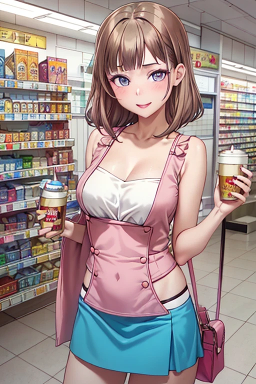 (masterpiece, Best Quality, ultra-detailed, high resolution, extremely detailed CG, official art, Professional Lighting, Perfect Anatomy), (from below), looking at viewer, cowboy shot, perfect body, 24yo beautiful 1girl, delicate beautiful face, Bright magenta eyes, cute eyes, sparkling eyes, (perky chest:1.1), (pointed chest:1.3), medium hips, glamorous body,a small face,beautiful-makeup,Makeup light,Shortcut Hair,dark brown hair, Amazing Cleavage:1.2,Raised sexy, small breast: 1.2 ,posed cleavage:1.2, bare legs, nail_polish, Waiting friend, (at morning:1.5), tokyo, (convenience store:1.3), outdoor, (depth of field:1.3), contrapposto, (Hold a coffee in your hand:1.3), looking at viewer,(double breasted:1.1,under bust:1.2), gap between buttons,(((Extremely short mini skirt,))) seductive weak smiling,(with sparkling eyes and a contagious smile),open mouth, Looking at Viewer,