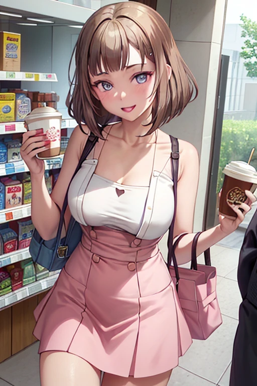 (masterpiece, Best Quality, ultra-detailed, high resolution, extremely detailed CG, official art, Professional Lighting, Perfect ???????), (from below), looking at viewer, cowboy shot, perfect body, 24yo beautiful 1girl, delicate beautiful face, Bright magenta eyes, cute eyes, sparkling eyes, (perky chest:1.1), (pointed chest:1.3), medium hips, glamorous body,a small face,beautiful-makeup,Makeup light,Shortcut Hair,dark brown hair, Amazing Cleavage:1.2,Raised sexy, small breast: 1.2 ,posed cleavage:1.2, bare legs, nail_polish, Waiting friend, (at morning:1.5), tokyo, (convenience store:1.3), outdoor, (depth of field:1.3), contrapposto, (Hold a coffee in your hand:1.3), looking at viewer,(double breasted:1.1,under bust:1.2), gap between buttons,(((Extremely short mini skirt,))) seductive weak smiling,(with sparkling eyes and a contagious smile),open mouth, Looking at Viewer,