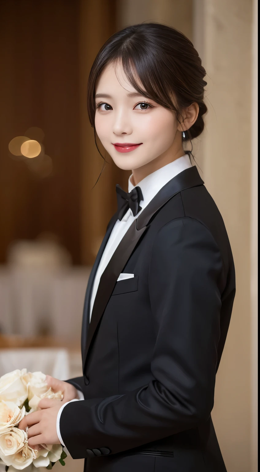 Tabletop, highest quality, shape, Very detailed, In detail, High resolution, 8k wallpaper, Perfect dynamic composition, Beautiful details, Black Tuxedo,Medium Hair, Center of chest, Natural color lip, Random sexy poses,smile,Chapel,Bouquet of white roses,