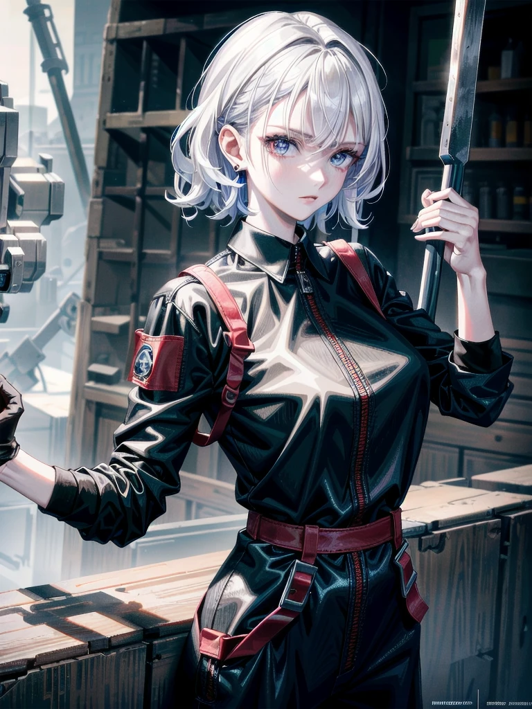 whole body, mechanic jumpsuit, (huge hammer), absurdres, RAW photo, extremely delicate and beautiful, masterpiece, Best Quality, ultra high resolution, 32k, hyperrealistic, ultra-detailed, detailed description, pale skin, 20 years old, detailed beautiful face and eyes, tearful mole, earring, short medium hair, wavy hair,