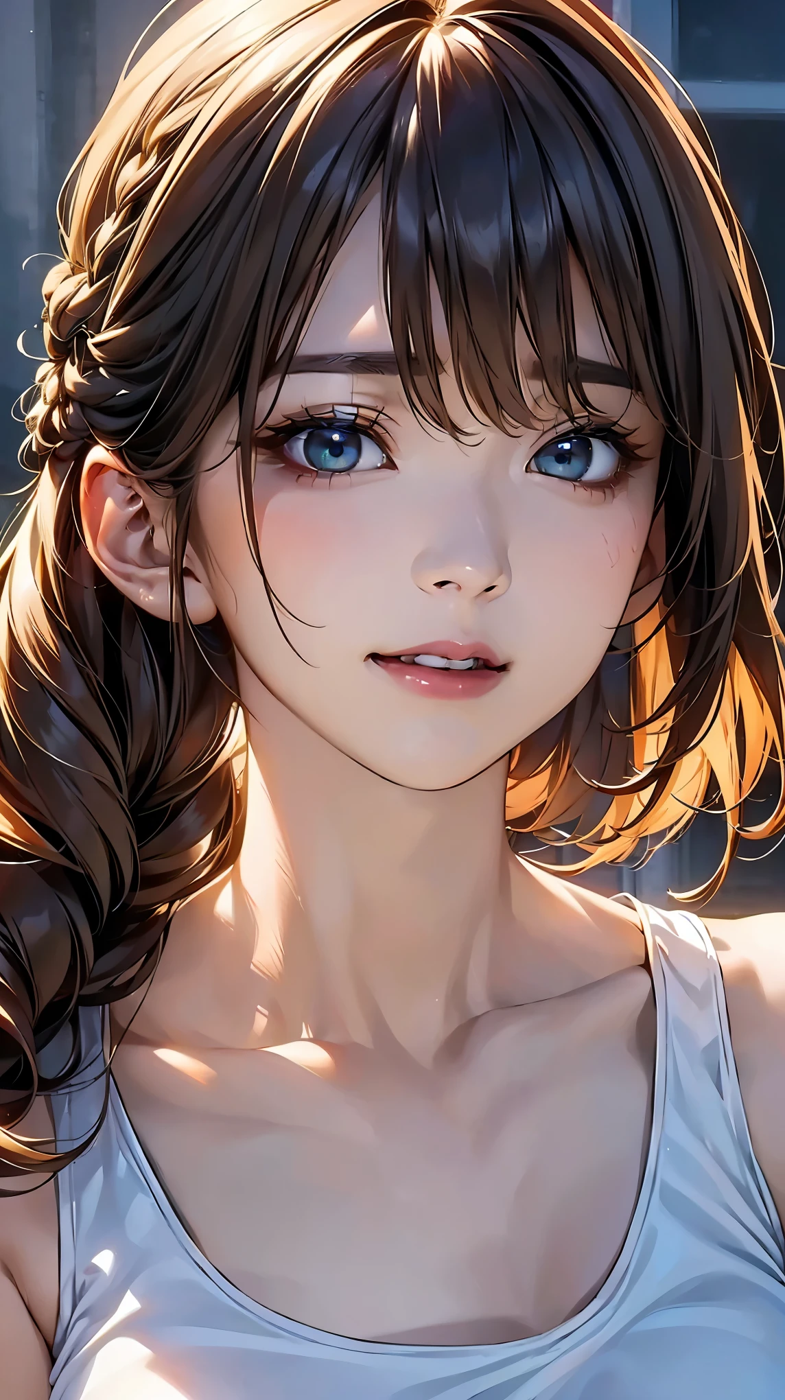 (Browsing Caution:1.2), (8k, RAW Photos, Best image quality, masterpiece: 1.4), (Highly detailed CG Unity 8k wallpaper, highest quality, High resolution: 1.2), (Ultra_Familiar, 超High resolution: 1.2), super highly Familiar, (Realistic, Realistic: 1.48), 1 girl, Focus Only,(Braiding:1.5), Side Lock, bangs, ((Dark green eyes:1.4, Round eyes, Beautiful eyelashes)), Clear Eyes,Large Breasts,Shiny Hair, beautiful Familiar cold face,Captivating smile, Beautiful and delicate eyes with exquisite detail,Extremely accurate details,Skin dents,Outdoor,Perfect Face,Perfect body, Beautiful Eyes, Beautiful Face,(Face Focus),(Portraiture:1.5),Beautiful clavicle,Upward glance,choker,(Office Lounge),Very cute woman,(White tank top shirt:1.2),brown hair,