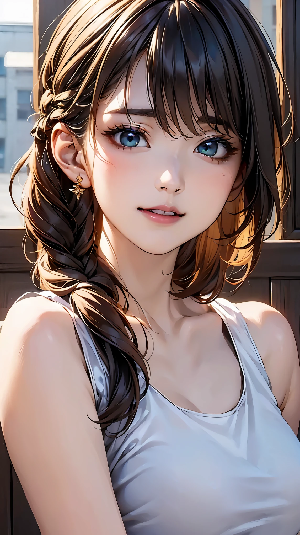 (Browsing Caution:1.2), (8k, RAW Photos, Best image quality, masterpiece: 1.4), (Highly detailed CG Unity 8k wallpaper, highest quality, High resolution: 1.2), (Ultra_Familiar, 超High resolution: 1.2), super highly Familiar, (Realistic, Realistic: 1.48), 1 girl, Focus Only,(Braiding:1.5), Side Lock, bangs, ((Dark green eyes:1.4, Round eyes, Beautiful eyelashes)), Clear Eyes,Large Breasts,Shiny Hair, beautiful Familiar cold face,Captivating smile, Beautiful and delicate eyes with exquisite detail,Extremely accurate details,Skin dents,Outdoor,Perfect Face,Perfect body, Beautiful Eyes, Beautiful Face,(Face Focus),(Portraiture:1.5),Beautiful clavicle,Upward glance,choker,(Office Lounge),Very cute woman,(White tank top shirt:1.2),brown hair,