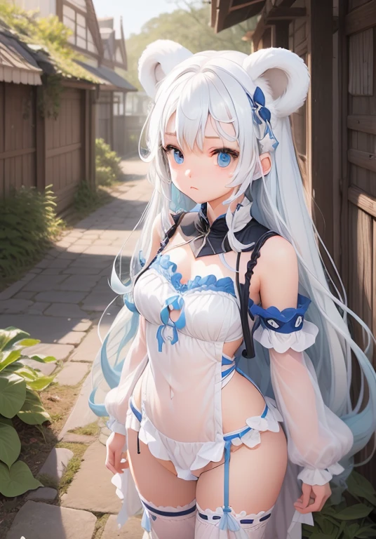 girl、、Bink、leotard、whole body。blue eyes、White Hair、Functional、Seductive pose、front、noon、Outdoor、garden、Beach、Bear Ears
