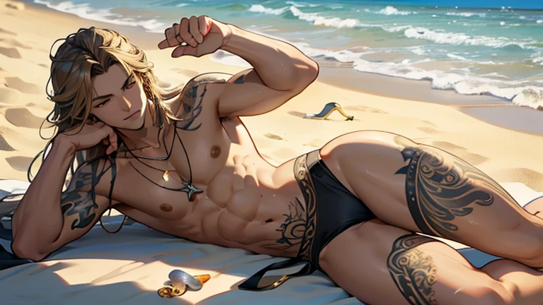 Handsome, tall young king, of toned body of white complexion and long hair golden color qcostado being buried to the waist by sand on a beach playing with his faithful and cool and beautiful best friend of black hair as the night and a tattoo of a crow on a deer that only wears a swimsuit sea shell piece and necklace playing with the young king