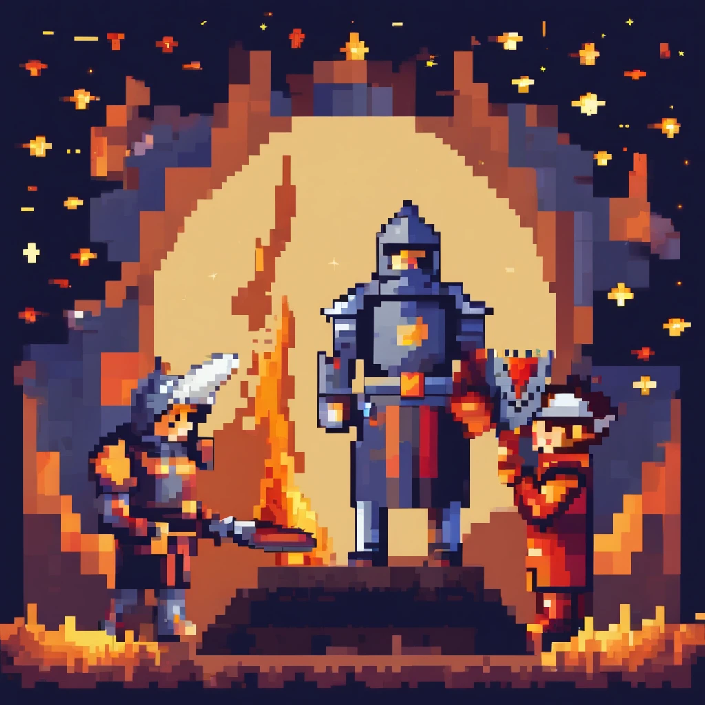 Three knights between a bonfire in a starry sky