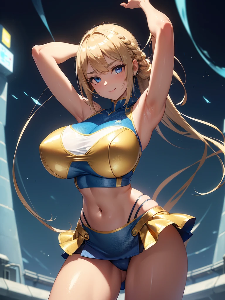 (((masterpiece))), (((best quality))), ((ultra-detailed)), (illustration), ((an extremely delicate and beautiful)), ((super detail)), ((high resolution)), (((20 years old))), ((metallic cloth)), (cheerleader), (super heroine), (android), delicate metal decorations, gleaming skin, shiny body, two legs, breast focus, (((tall))), slender legs, ((big round eyes)), cute eyes, drooping eyes, ((adult)), two hands, five fingers, no extra hands, elegant smile, braid, ((metallic blue)), (see-through), (dark blonde), (((ultra-huge breasts))), (shining brightly), outdoor, mini skirt, daytime, ((biopunk)), (hair shorter than shoulder), (medium length hair), gynoid, (slimy shining competition swimsuit), city, ((midriff-baring outfit)), (arms behind head),