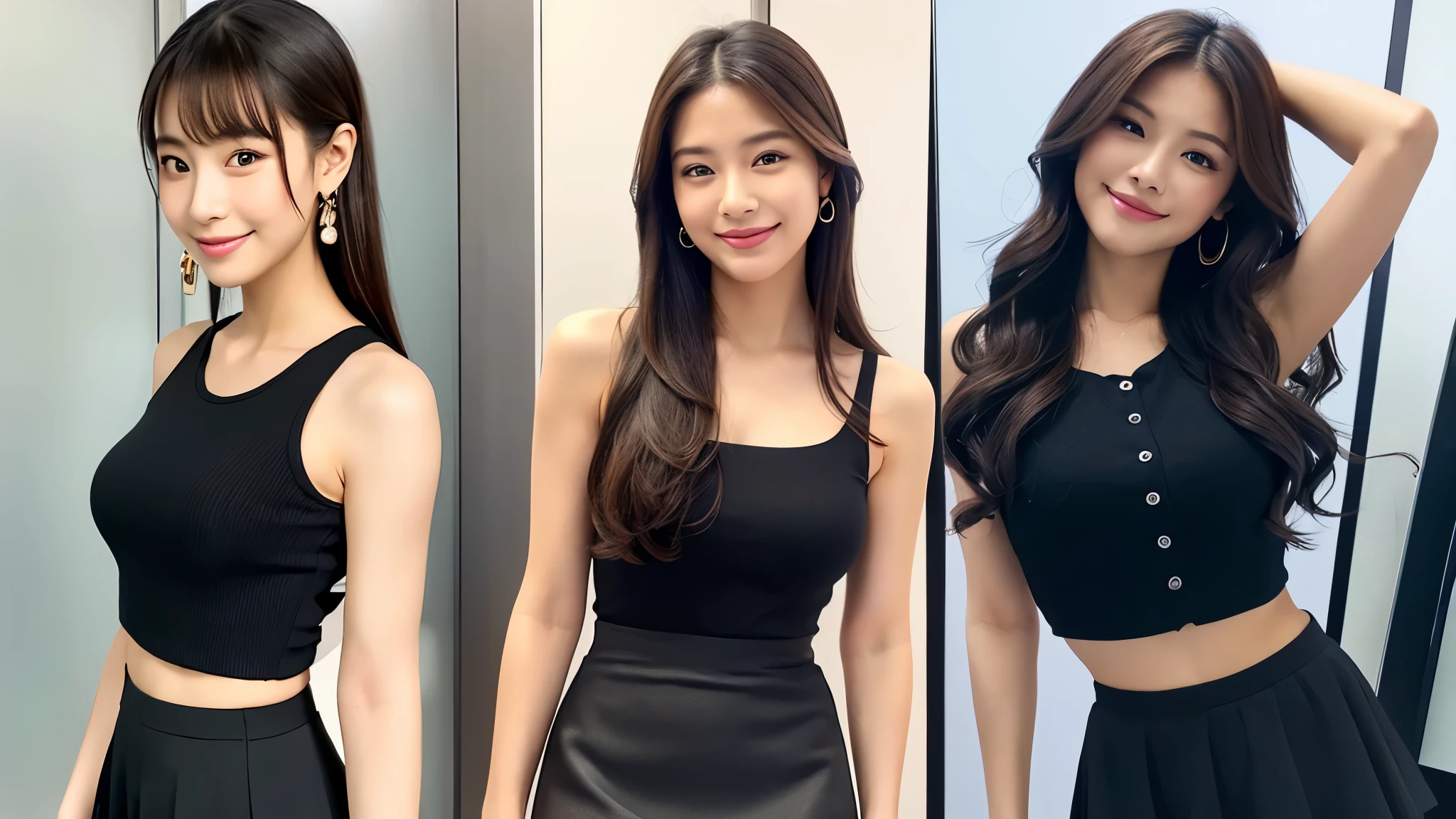 young、beautiful、Female announcer、Shaped face contour、Long Hair、Brown Hair、Fine iris、Elegant、Sexy face、Glowing Skin、Juicy lips、An open, seductive smile、Thick eyelasheodel Body Type、Earrings、blush、Black mini skirt、Perfect lighting、Perfect Shadow、Perfect Anatomy(((masterpiece))), ((highest quality)), ((Super detailed)), (CG illustration), (非常に邪悪でbeautiful)), (Cute Desktop Face),((alone))