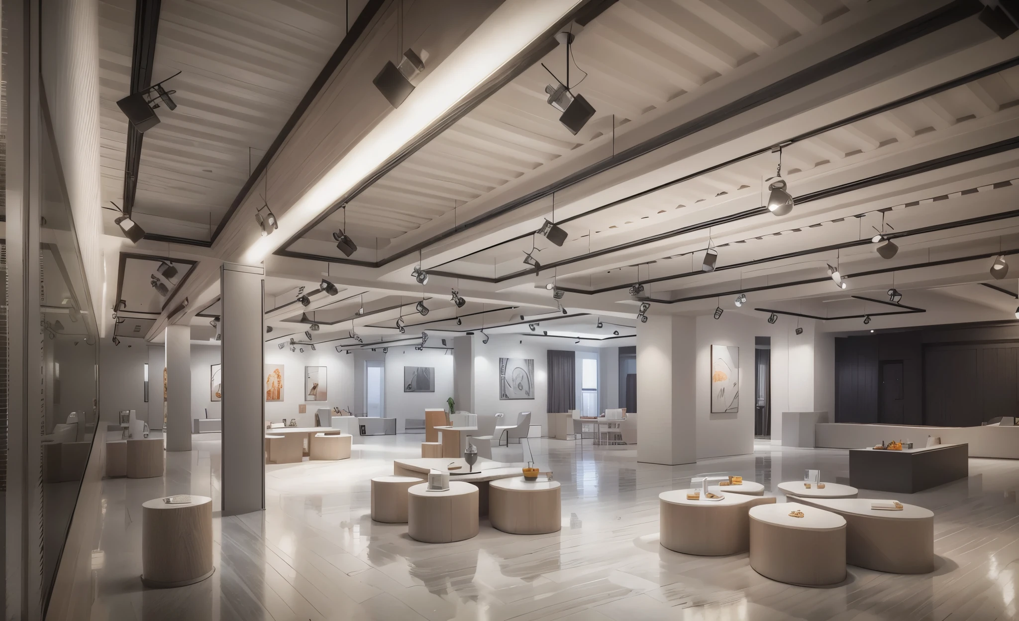 large exhibition hall with white walls and black metal beams, the ceiling is painted in a gray, several spotlights, round tables made of concrete stand various objects, paintings, minimalism and avant-garde fashion,clear light, Side lighting, Perfect image, Build summary style, 16k UE5. Ultrafine, 8k, HDR, Product photography, Depth of Field, Nikon D850, Surreal, No contrast, Sharp focus, professional, no blurs