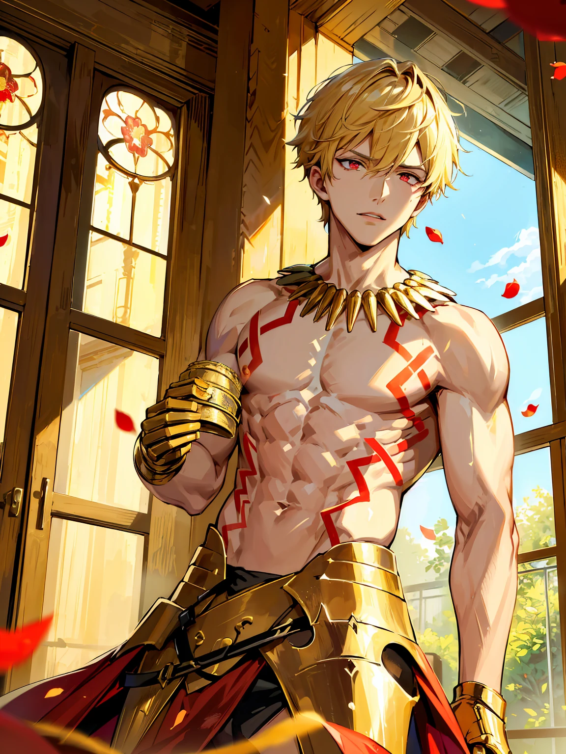 (absurdres, highres, ultra detailed, HDR), masterpiece, best quality, Gilgamesh, 1man, solo, handsome, short hair, blonde hair, vibrant red eyes, finely eye and detailed face, topless, gold armor, tattoo, red roses, window, petals