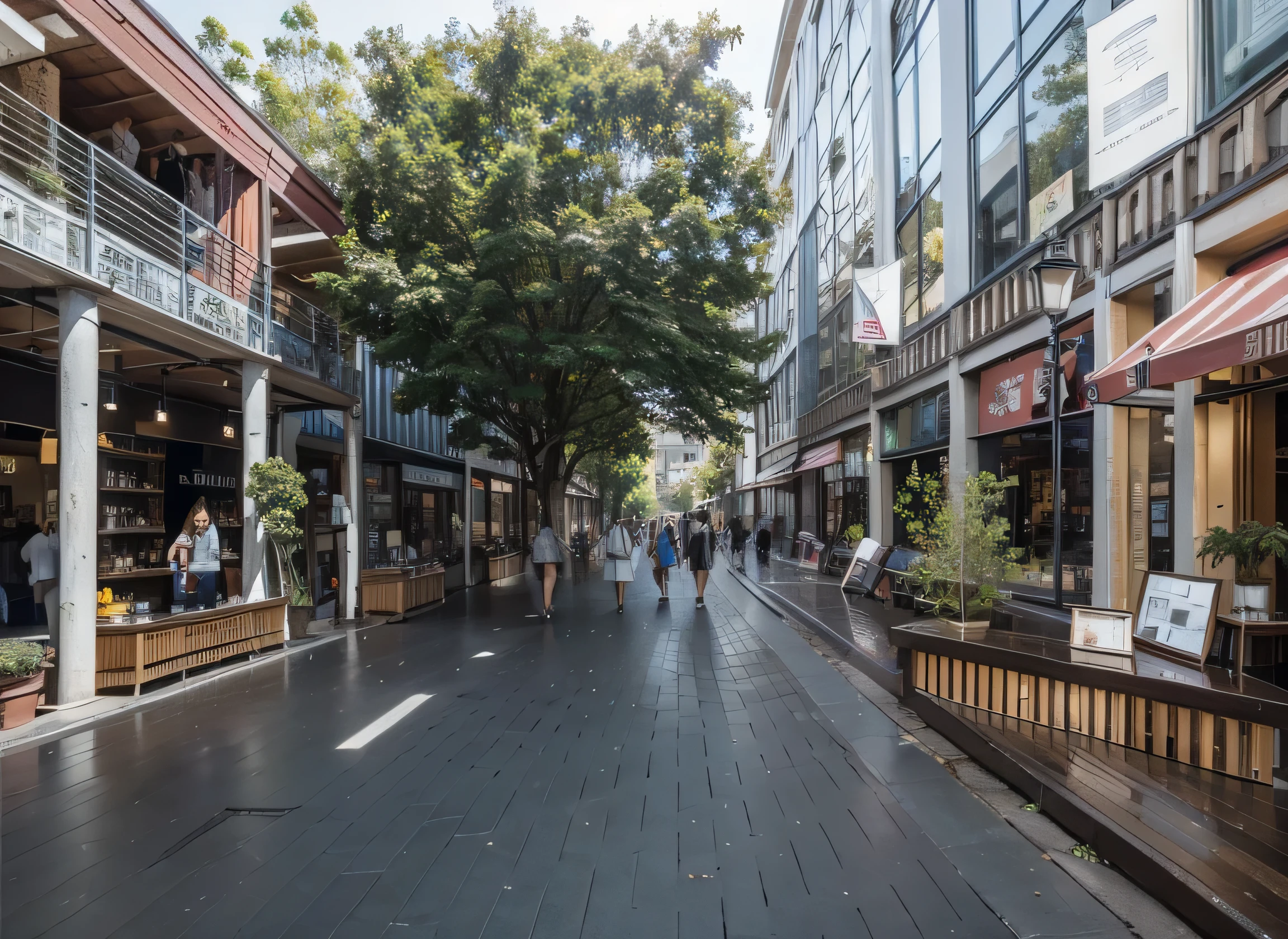 masterpice, realistic, Photos of walking streets, book stalls, pedestrians, trees, wooden planters, lampposts,