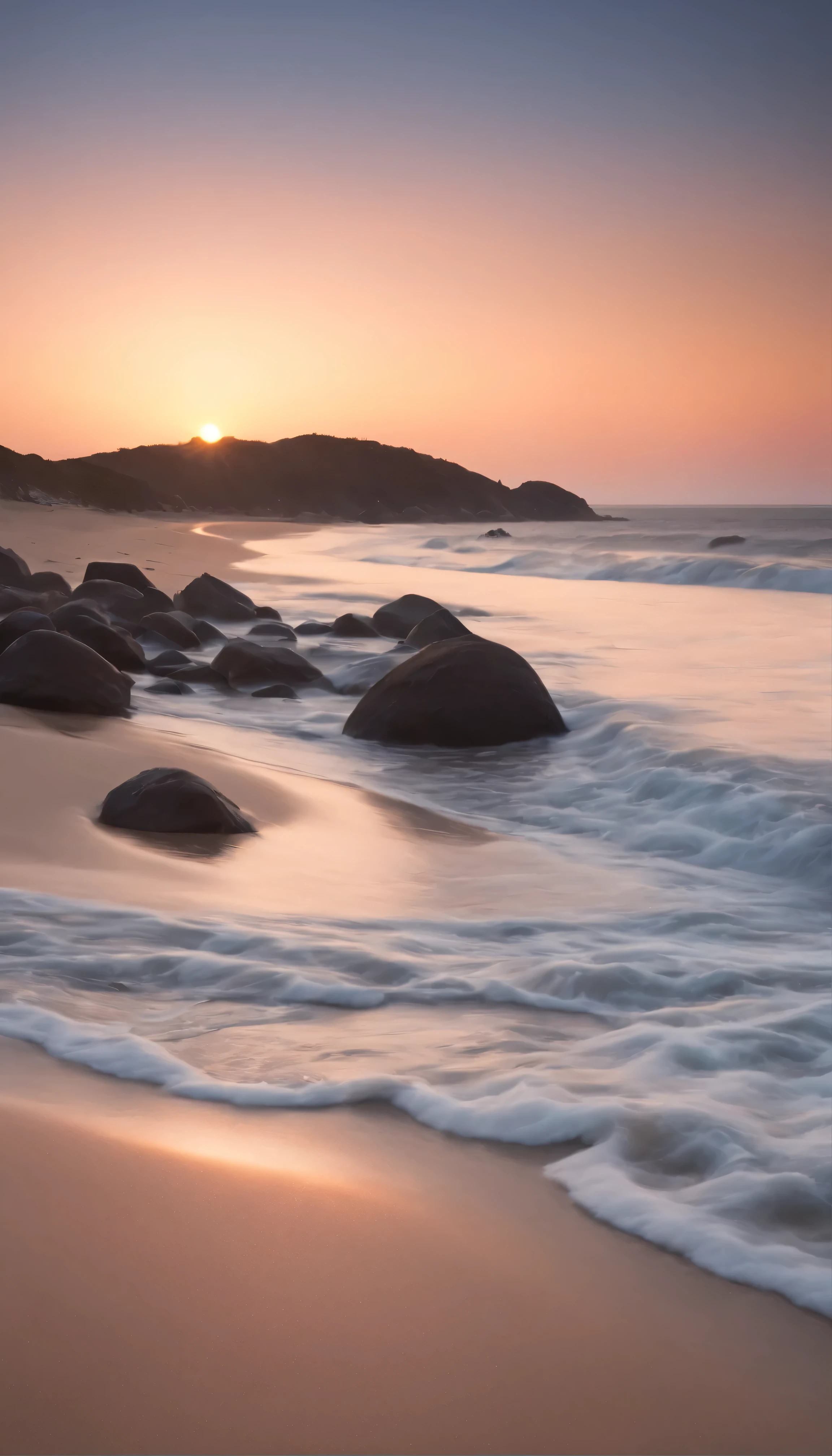 A masterpiece of ultra-detailed seascape illustrations、Top quality rendition with meticulous attention to the texture and color of every wave、It captures the essence of tranquil seaside serenity.。There was no sign of anyone、The only sounds you can hear are the soothing sounds of the waves lapping on the shore and the calming rhythm of the tides.。The sun begins to set、Dye the sky in shades of orange and pink、Cast a long shadow on the beach。A silent breeze gently rocks a distant yacht、Leaves ripples on the calm water。The sunset reflected on the water's surface creates a beautiful mirror-like effect.。Every drop on the ocean's surface sparks