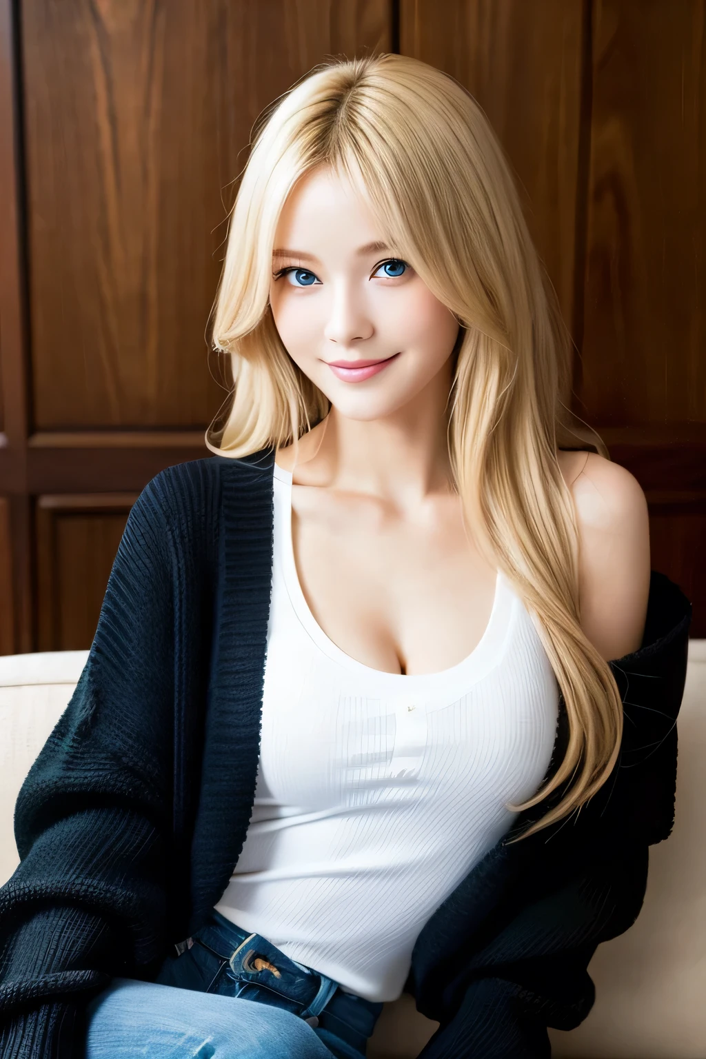 highest quality, Ultra-high resolution, (Realistic:1.4), An open black cardigan、Japanese、Gal、Blonde、blue eyes、cute、smile、Sitting on the sofa、It&#39;s night outside、Luxurious living room in the background