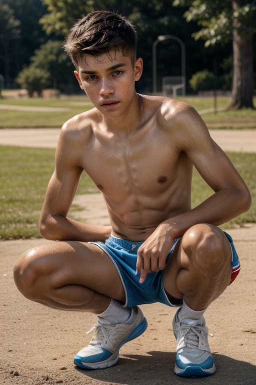 photo of a young skinny male, squatting, sportswear, 1boy, 18yo, young, athletic slim, embarrassed, white skin, cute boy, boyish, american, shorts, white ankle socks and blue sports shoes, shirtless, flat boy chest, small nipples, natural soft smooth textured skin, RAW candid cinema, 16mm, color graded portra 400 film, remarkable color, ultra realistic, textured skin, remarkable detailed pupils, realistic dull skin noise, visible skin detail, skin fuzz, dry skin, detailed skin texture, (blush:0.5), (goosebumps:0.5), subsurface scattering, wet skin, fuzzy skin