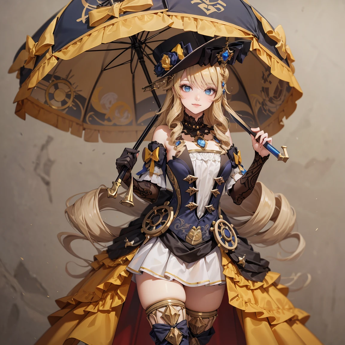 steampunk-style, girl stands on a ship, holding an umbrella. Beautifully detailed eyes and a kind smile on her face. with a beige background. The girl's gaze is directed towards the viewer