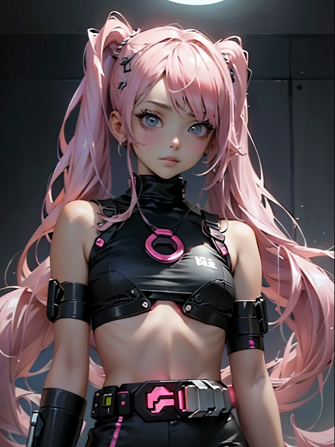 Beautiful woman pink twin tail long hair、cyberpunk style short clothes、gazing at viewer、front facing、full bodyesbian