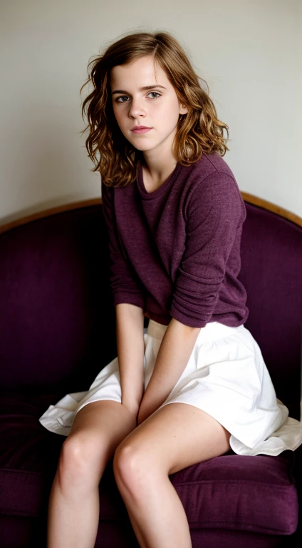 Emma Watson,9 anos,,Hermione Granger, 9 anos,1girl, sexy, by sofa, full body view, flat torso, pussy, ass, standing, con, skinny legs, skinny hands, sitting, spread legs, pussy juice, purple shirt, white skirt, white sneakers, spread legs