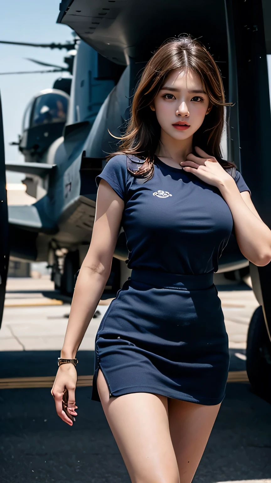 8k, highest quality, ultra detailed:1.37), Ray Tracing , Unity 8k wallpaper, ((18 years)), a beautiful Asian girl, bigger breast. ((proudly stands in a Aircraft Carrier Deck)), representing her  as a Navy Pilot, ((She wears a fitted Luxury pink T-shirt)), ((blue micro skirt with very long slit,)), full body, thigh, thigh, sexy long legs. The high-resolution image captures ultra-detailed realism, highlighting Eliana's determined expression, piercing eyes, and confident stance. The backdrop showcase Aircraft carriers, adding to the authenticity and significance of the image. This visually striking representation showcases Eliana's strength and dedication as a Navy pilot, Big ship, ((Blue sea)), (((Aircraft Carrier Deck))), Fighter Jets, Army Helicopter, Chinook Helicopter, ((Detailed face)), ((Perfect body figure)), ((Detailed hair)), ((Detailed Dress)), ((Detailed background)), ((detailed skin)), ((detailed Fighter Jets)), cute knees, Aircraft carriers, Stylish looks, Perfect Young breasts under dress, realistic Skin, Perfect Angles, Ultra Realistic, Ultra HD image Clarity, fighter Jet Helmet in Hands, Eyes are very hot looks, Slightly open mouth, 