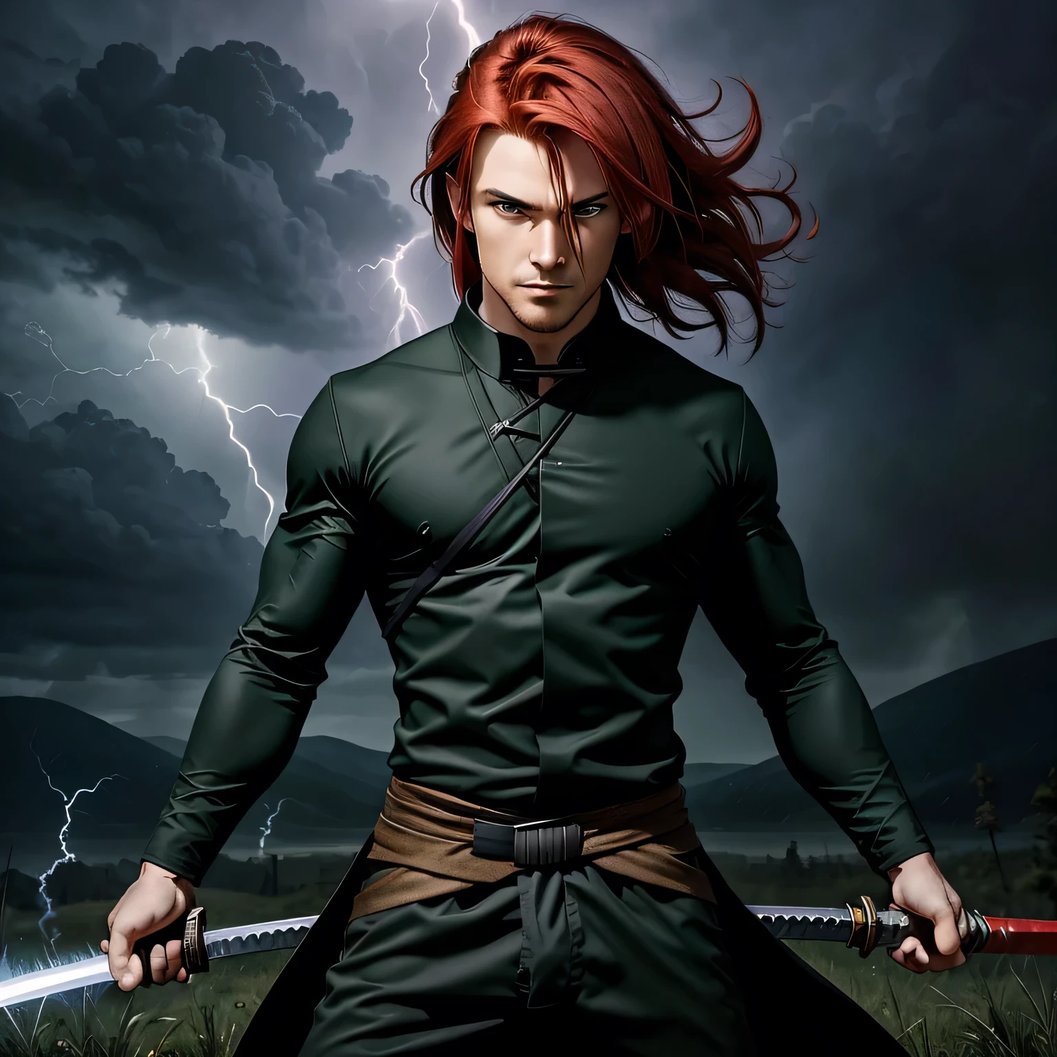 masterpiece, best quality, male ninja, black robes, black shirt, black pants, looking at viewer, holding sword, holding, sword, long sword, smile, forest, sky, clouds dynamic pose, smug smile, smug look, red hair, long hair, green eyes, normal hands, normal eyes, self-assured, lightning background, storm in background, surrounded by lightning, green lightning, green static sparks, green light, green energy, bright red hair, red hair