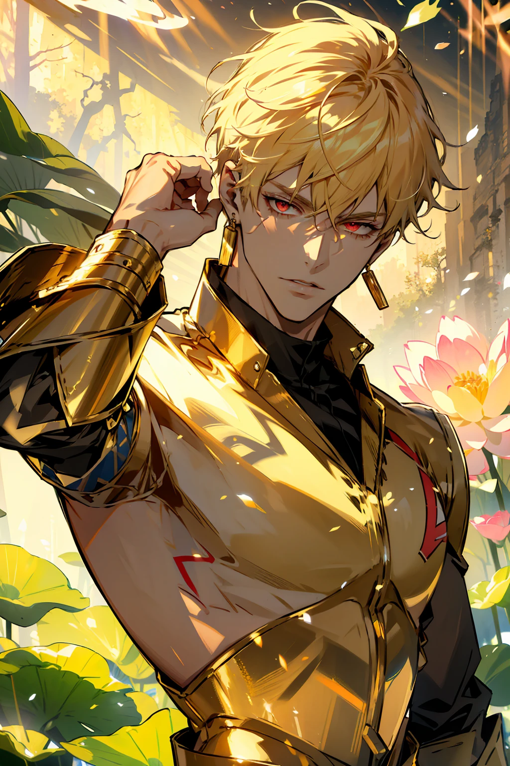 (absurdres, highres, ultra detailed, HDR), masterpiece, best quality, Gilgamesh, 1man, solo, handsome, short hair, blonde hair, vibrant red eyes, finely eye and detailed face, topless, gold armor, tattoo, golden jewelry, golden earrings, water, pink lotus, petals 